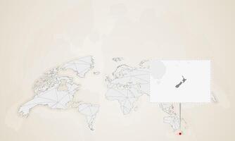 Map of New Zealand with neighbor countries pinned on world map. vector