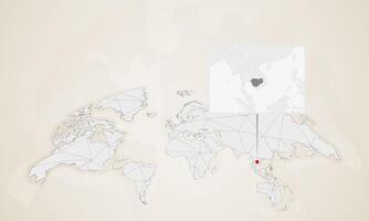 Map of Cambodia with neighbor countries pinned on world map. vector