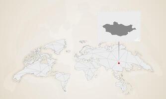 Map of Mongolia with neighbor countries pinned on world map. vector