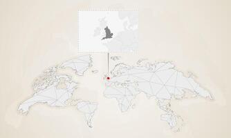 Map of England with neighbor countries pinned on world map. vector