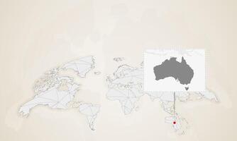 Map of Australia with neighbor countries pinned on world map. vector