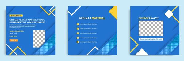 Set bundle collection of social media post template. Layout for online webinar, conference, training, seminar, course, and learning . Geometric blue background vector