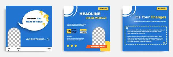 Set bundle collection of social media post template. Layout for online webinar, conference, training, seminar, course, and learning . Minimal modern and simple in blue background vector