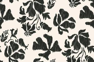 Seamless Ikat floral pattern with hand-drawn black and cream botanical elements. vector