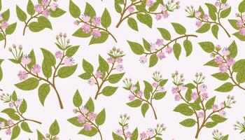 Beautiful cherry blossom branches seamless pattern. Spring background with branches and flowers. Blooming spring trees. vector