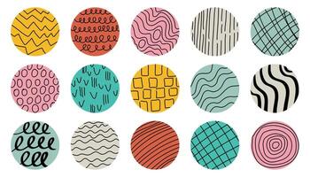 Set of round abstract round avatars with black textured patterns. Hand drawn doodle shapes. Curves, lines. Contemporary modern trendy social media icons templates vector