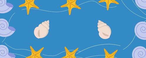 Bright pattern with scattered seashells and starfish on a blue background vector