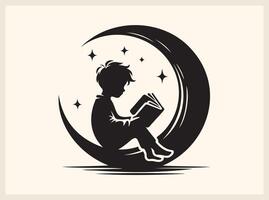 Enchanting Children Reading Book in Crescent Moon for Fantasy Concepts vector