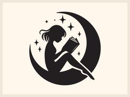 Gentle Children Reading Book in Crescent Moon for Soft and Warm Illustrations vector
