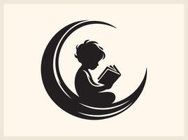 Mystical Children Reading Book in Crescent Moon for Fairytale Graphics vector