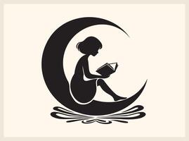 Magical Children Reading Book in Crescent Moon for Fantasy and Wonder vector