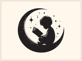 Serene Children Reading Book in Crescent Moon for Calm and Imaginative Art vector