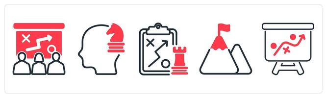 A set of 5 business icons as presenting tactics, strategic thinking, tactics vector