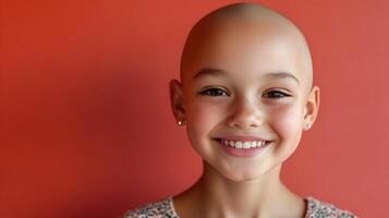 Portrait of a young bald girl smiling bravely, showcasing strength and cheerful disposition photo