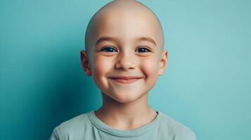Resilient young boy with a cheerful expression and smooth head against a serene backdrop photo