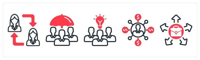 A set of 5 business icons as employee change, employee insurance, teamwork solution vector