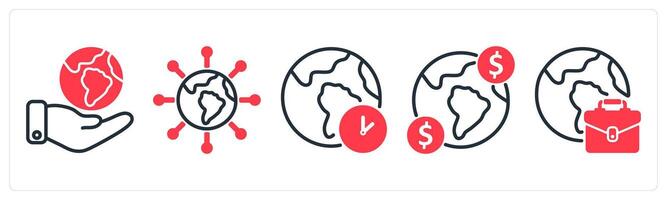 A set of 5 business icons as global community, connectivity, time zone vector