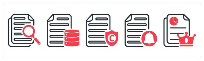 A set of 5 business icons as search document, database document, copyright protection vector