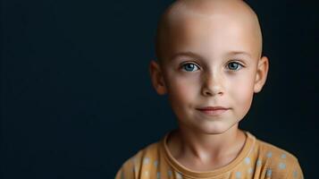 Portrait of a boy with a shaved head expressing quiet strength, facing a health challenge photo