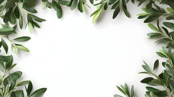 Botanical frame of olive branches with green leaves on translucent background, space for text photo