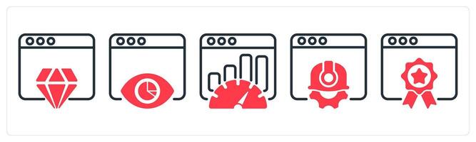 A set of 5 business icons as website reputation, impression report, seo performance vector