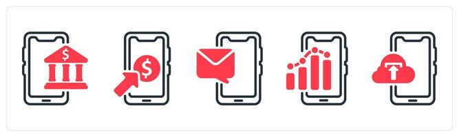 A set of 5 business icons as online banking, pay per click, mobile message, mobile report vector