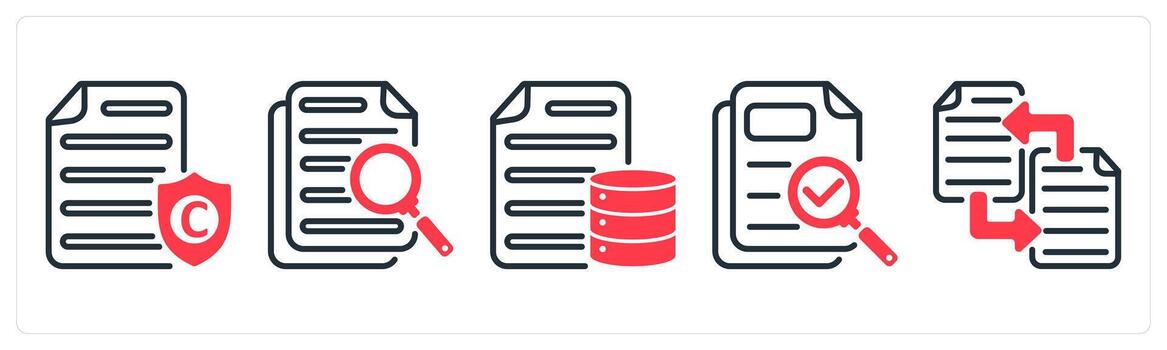 A set of 5 business icons as copyright protection, search document, database document vector