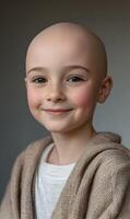 Courageous spirit shines through a bald child's hopeful expression embracing positive outlook photo