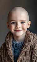 Portrait of a brave bald young boy, smiling tenderly, portraying resilience and strength photo