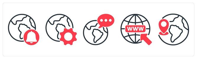 A set of 5 business icons as global notification, browser optimization, global communication vector