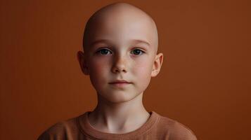 Portrait of a brave, hopeful child with cancer, showing determination and resilience against disease photo