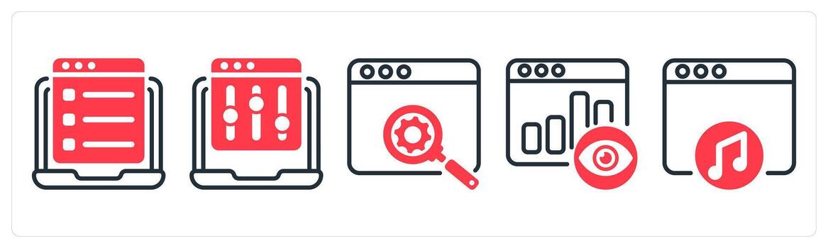 A set of 5 business icons as online questionnaire, refine webpage, seo development vector