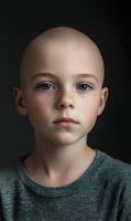 Portrait of a serene little boy with shaved head, showing strength during difficult times photo