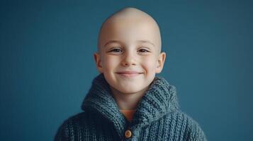 Brave little boy with a warm smile wearing cozy knitted sweater, promoting hope, resilience photo