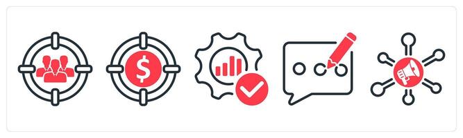 A set of 5 business icons as target audience, target profit, optimization vector