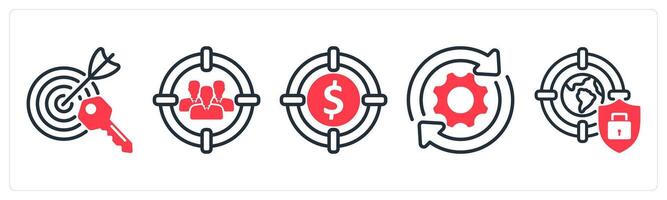 A set of 5 business icons as target keywords, target audience, target profit vector