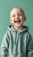 Radiant grin a portrait of a bald child exhibiting pure unfiltered happiness and joy photo