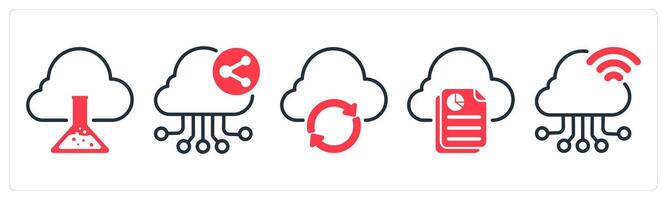 A set of 5 business icons as cloud research, cloud network sharing, cloud update vector
