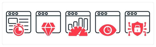 A set of 5 business icons as website speed, website reputation, seo performance vector