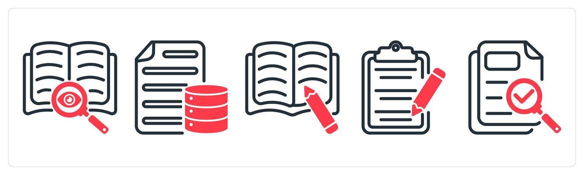 A set of 5 business icons as find content, database document, article writing vector