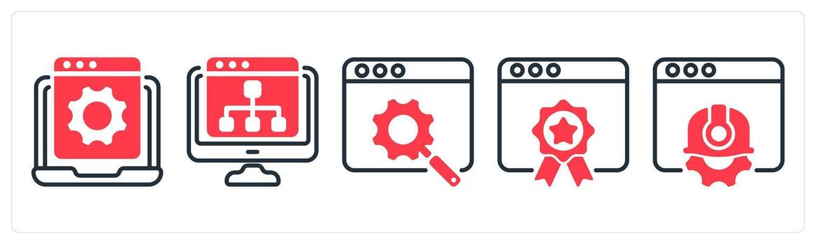 A set of 5 business icons as website development, web hierarchy, search engine optimization vector