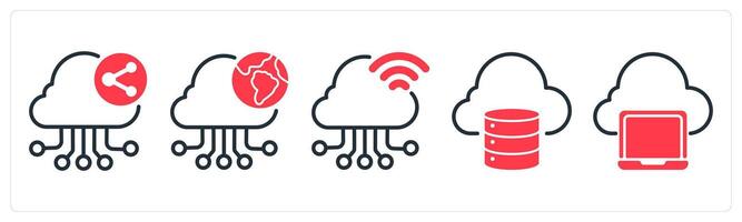 A set of 5 business icons as cloud network sharing, cloud research, cloud connection vector