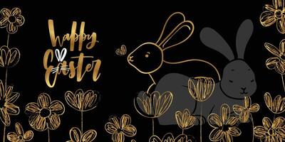 Black and gold Easter banner design with hand drawn cute rabbit and sketched doodles of flowers. Happy Easter design for banners, social media, invitations, web and print. vector