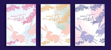 Elegant Easter A4 designs with bunnies, hand drawn line art cherry blossoms and watercolor splatters. Set of pastel illustrations for social media, web and print projects. vector
