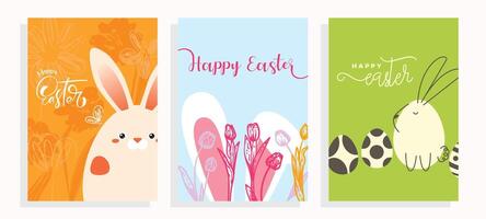 Playful Easter A4 designs with bunnies in the shape of eggs and hand drawn line art tulips. Set of saturated illustrations for social media, web and print projects. vector