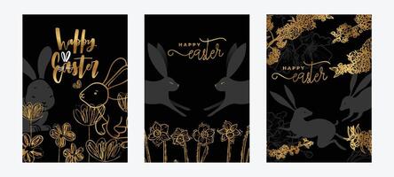 Luxurious Easter A4 designs with bunny rabbits, hand drawn line art spring flowers. Set of gold and black illustrations for social media, web and print projects. vector