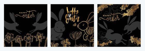Luxurious Easter square designs with bunny rabbits, hand drawn line art spring flowers. Set of gold and black illustrations for social media, web and print projects. vector
