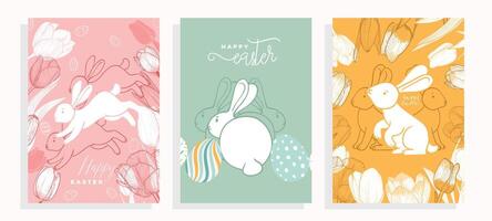 Playful Easter A4 designs with bunnies, hand drawn line art tulips and sketched line art eggs. Set of pastel illustrations for social media, web and print projects. vector