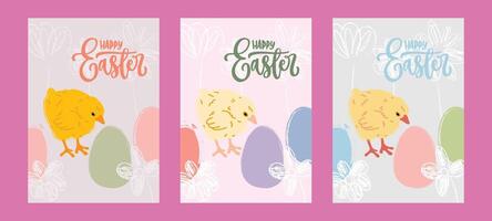 Cute Easter A4 designs with chicks, sketched eggs and doodled flowers. Pastel illustrations for social media, web and print projects. Awesome graphic assets. vector