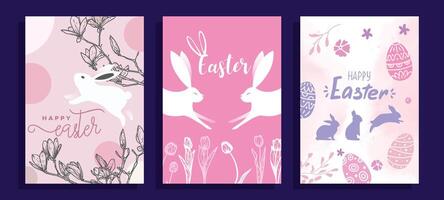 Cute Easter A4 designs with rabbits, hand drawn line art tulips, magnolias and eggs. Set of pastel bunnies illustrations for social media, web and print projects. vector